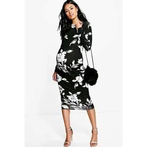 Long Sleeve Fitted Bodycon Stretch Lightweight Thin Black Maternity Midi Dress 6